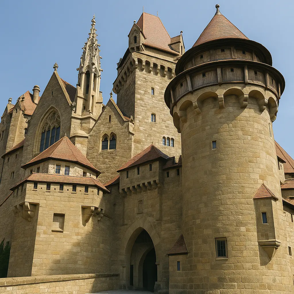 burg-kreuzenstein-ausflugsziel-niederoesterreich-geschichte-hauptfassade-turm