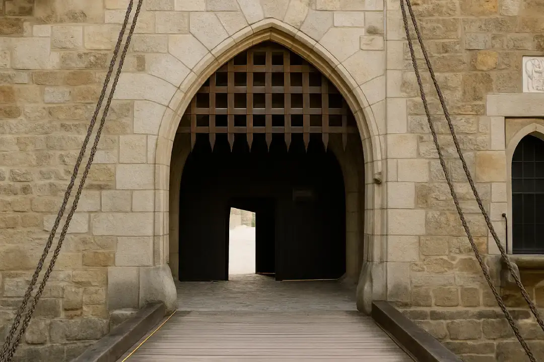 Massives Eingangstor der Burg Kreuzenstein bei Wien mit spitzem Steinbogen, Fallgitter und Zugbrücke – eindrucksvolles Beispiel mittelalterlicher Burgarchitektur in Niederösterreich.