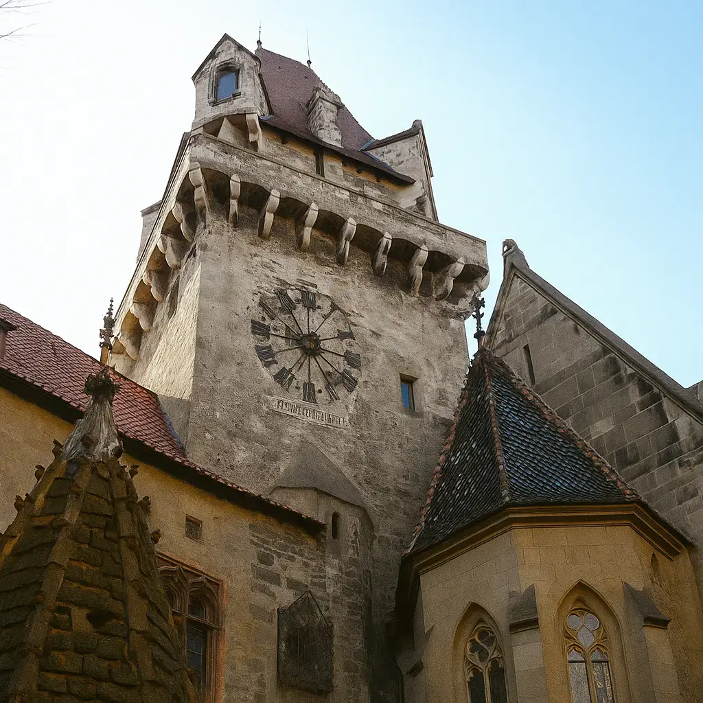 Der markante Bergfried der Burg Kreuzenstein in Niederösterreich mit mittelalterlichem Uhrturm und gotischen Dachformen – eines der bekanntesten Wahrzeichen unter den Burgen bei Wien.