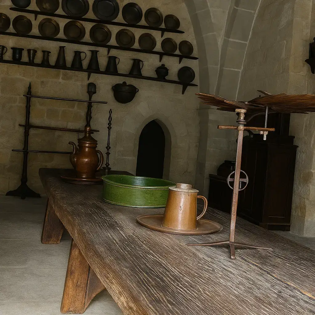 Historische Burgküche der Burg Kreuzenstein bei Wien mit steinernen Wänden, altem Kochgeschirr und Holzbank – faszinierendes Beispiel mittelalterlicher Architektur in Niederösterreich.