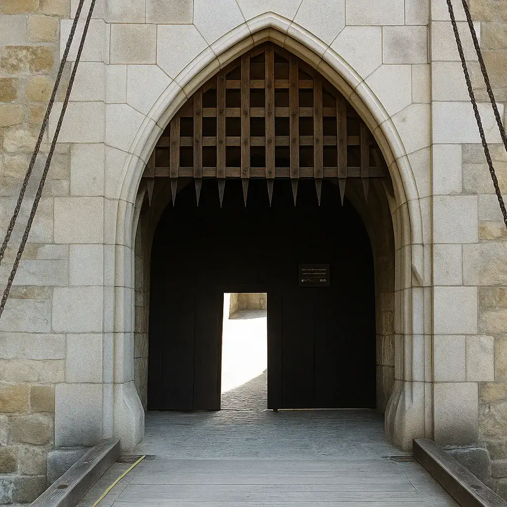 Massives Burgtor der Burg Kreuzenstein bei Wien mit originalem Fallgitter – beeindruckendes Beispiel mittelalterlicher Festungsarchitektur in Niederösterreich.