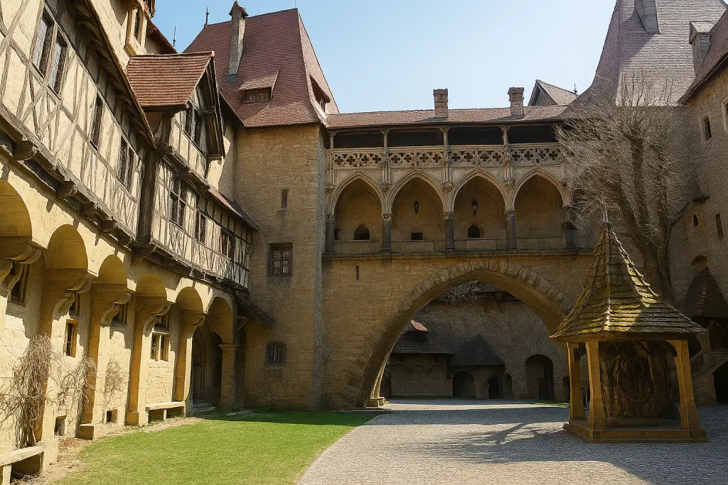 Der Innenhof der Burg Kreuzenstein bei Wien mit gotischen Bögen, Fachwerk und Brunnen – ein beeindruckendes Beispiel mittelalterlicher Architektur in Niederösterreich.
