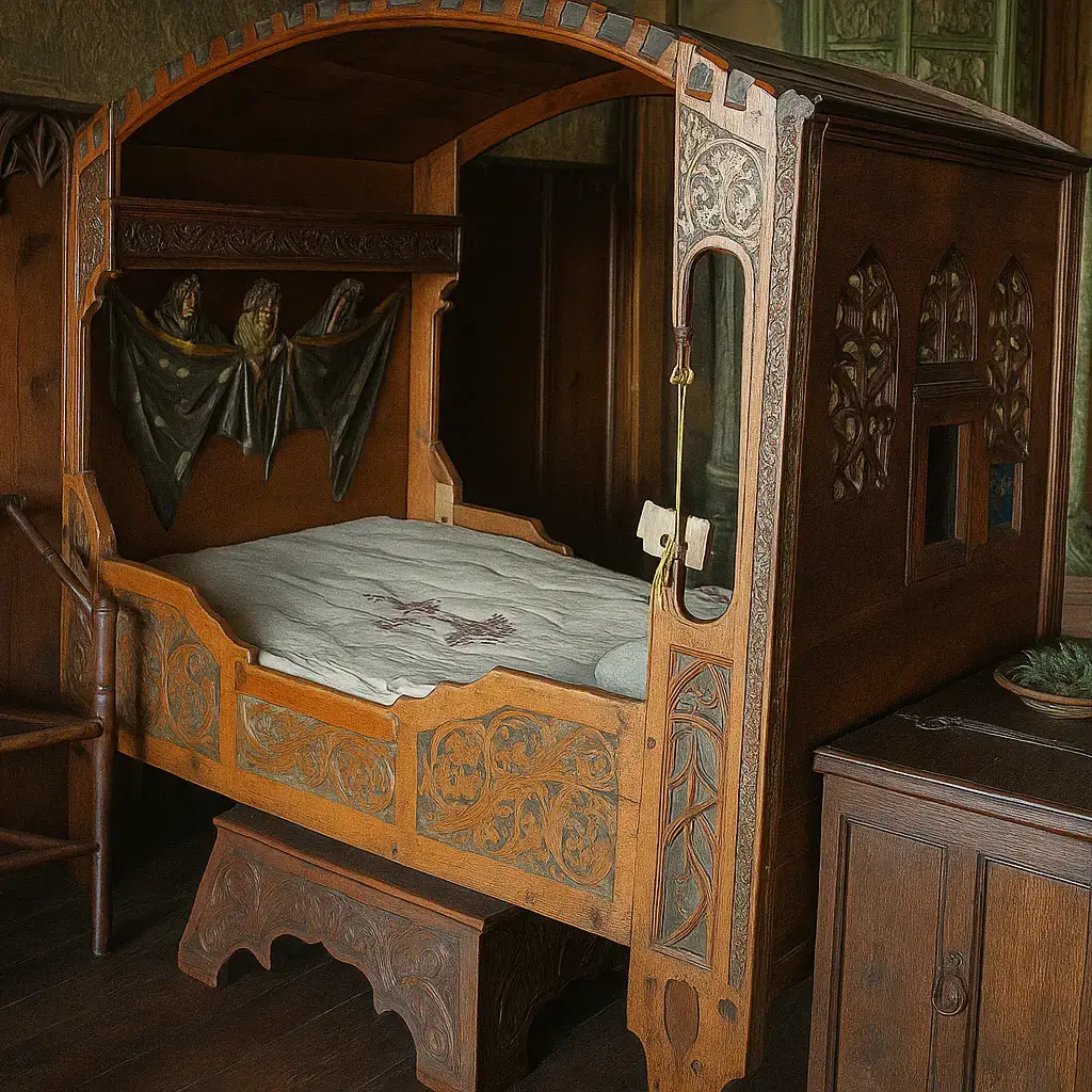 Mittelalterliches Himmelbett im Fürstenzimmer der Burg Kreuzenstein in Niederösterreich, detailreich verziert mit Holzschnitzereien – ein Highlight für Besucher der historischen Burg bei Wien.