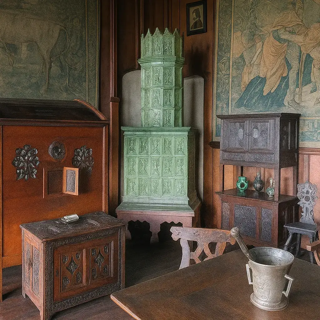 Komplettes Fürstenzimmer der Burg Kreuzenstein mit grünem Kachelofen, geschnitzten Möbeln und antiken Sammlungsstücken – eindrucksvolle mittelalterliche Raumausstattung in Niederösterreich.
