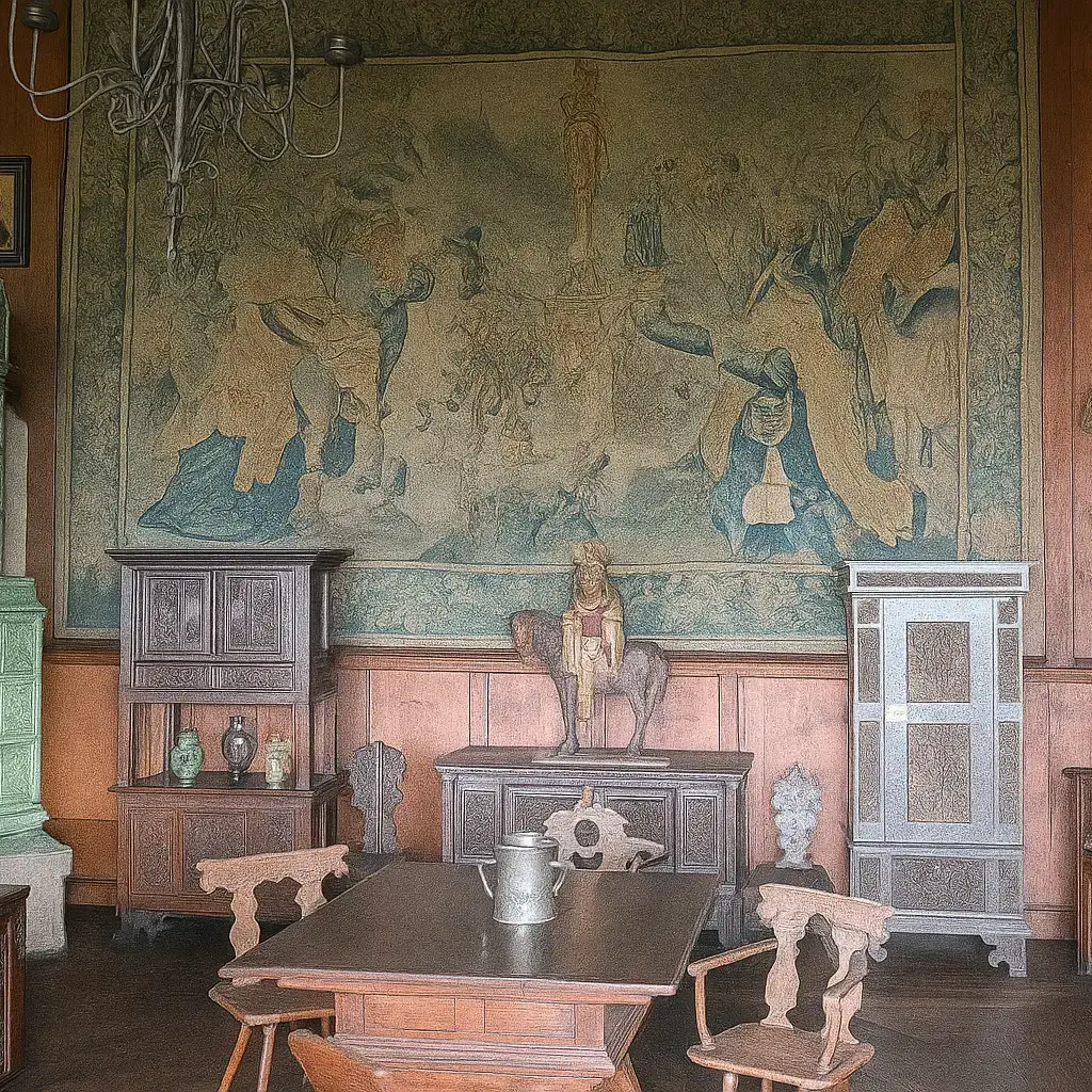 Historische Innenansicht des Fürstenzimmers in der Burg Kreuzenstein mit großem Wandteppich, Holzvertäfelung und mittelalterlicher Einrichtung – faszinierendes Ausflugsziel bei Wien für Geschichtsliebhaber.