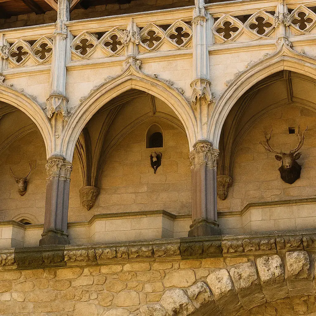 Elegante gotische Loggia mit Steinbögen im Innenhof der Burg Kreuzenstein, verziert mit Tierpräparaten – sehenswerte mittelalterliche Architektur in Niederösterreich.