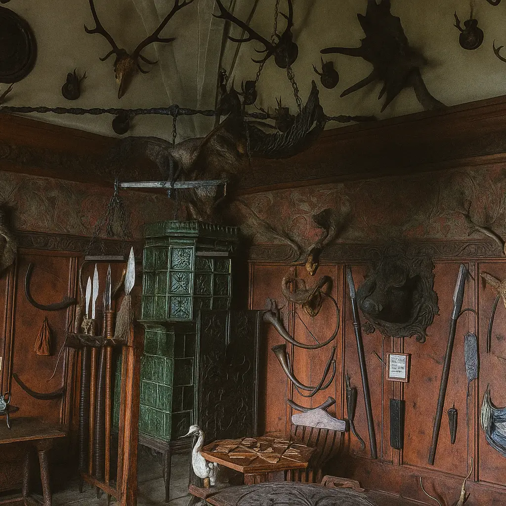 Innenansicht der Jagdkammer in der Burg Kreuzenstein, geschmückt mit Geweihen, Waffen und Jagdutensilien – eindrucksvolles Beispiel mittelalterlicher Kultur in Niederösterreich.