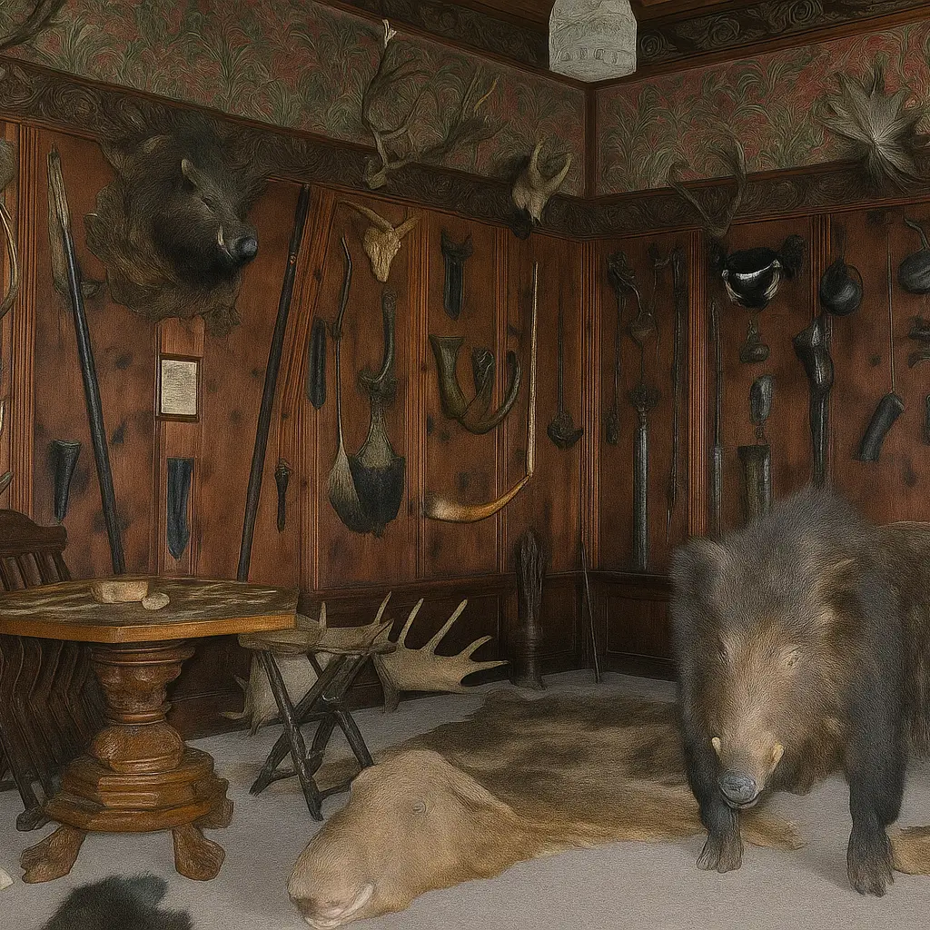 Die Jagdkammer der Burg Kreuzenstein bei Wien mit historischen Jagdtrophäen, Wildpräparaten und Waffen – authentischer Einblick in die mittelalterliche Jagdkultur in Niederösterreich.