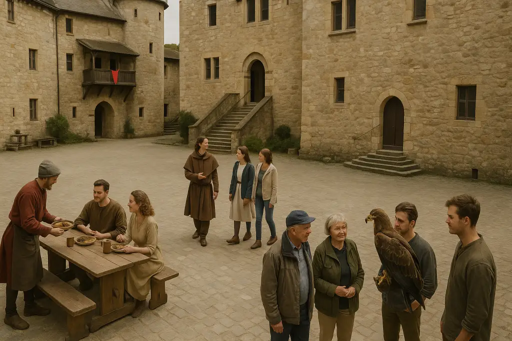 Besucher erleben das Mittelalter auf der Burg Kreuzenstein – Burgführer in historischen Gewändern, Mittelalter-Szene im Burghof mit Falkner und Greifvogel, ein beliebtes Ausflugsziel in Niederösterreich bei Wien.