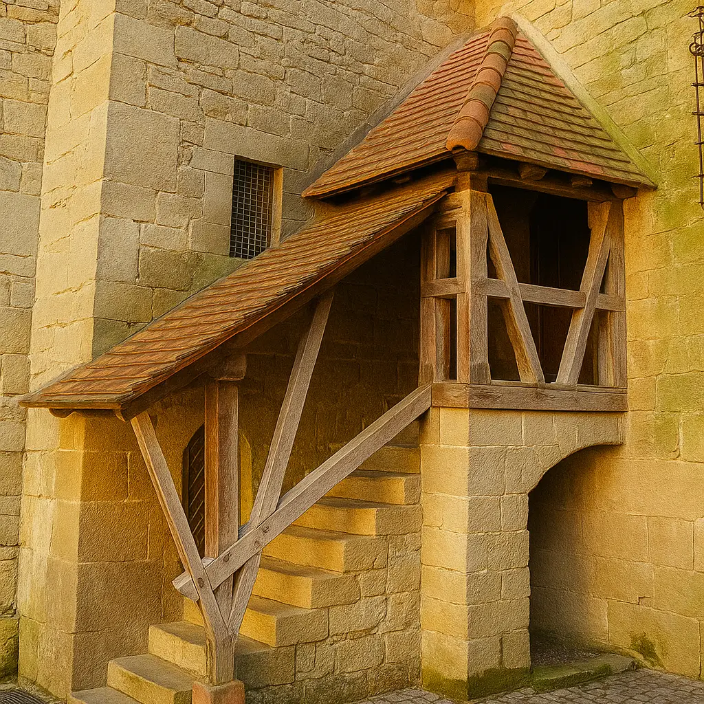 Historische Holztreppe mit überdachtem Zugang an der Außenmauer der Burg Kreuzenstein – ein Beispiel für mittelalterliche Baukunst in Leobendorf bei Wien.