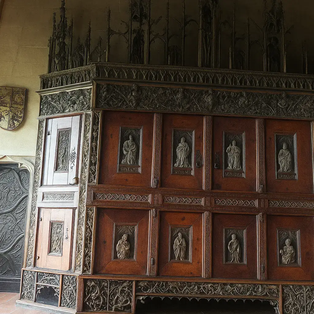 burg-kreuzenstein-rittersaal-holzschrank-gotische-verzierung