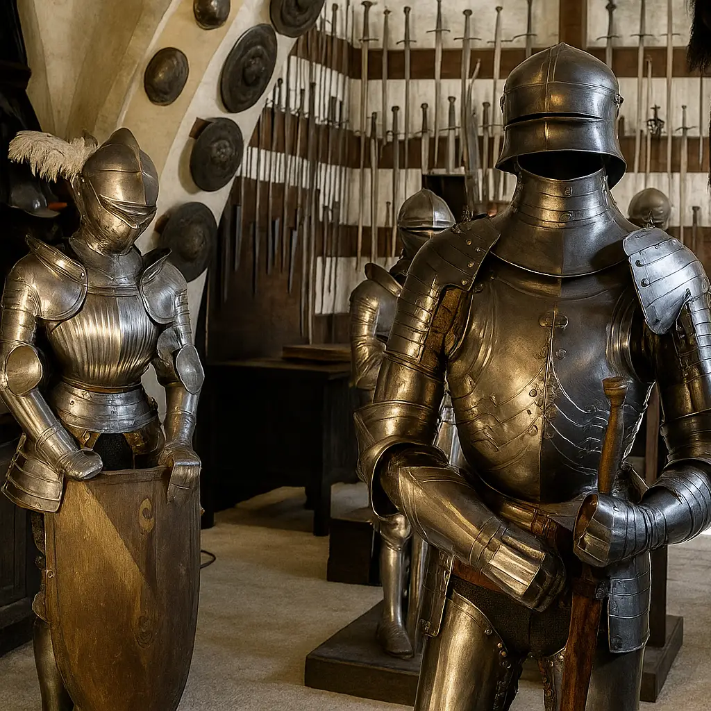 Die Rüstkammer der Burg Kreuzenstein bei Wien mit originalen Ritterrüstungen, Schwertern und Schilden – beeindruckendes Zeugnis mittelalterlicher Waffenkunst in Niederösterreich.