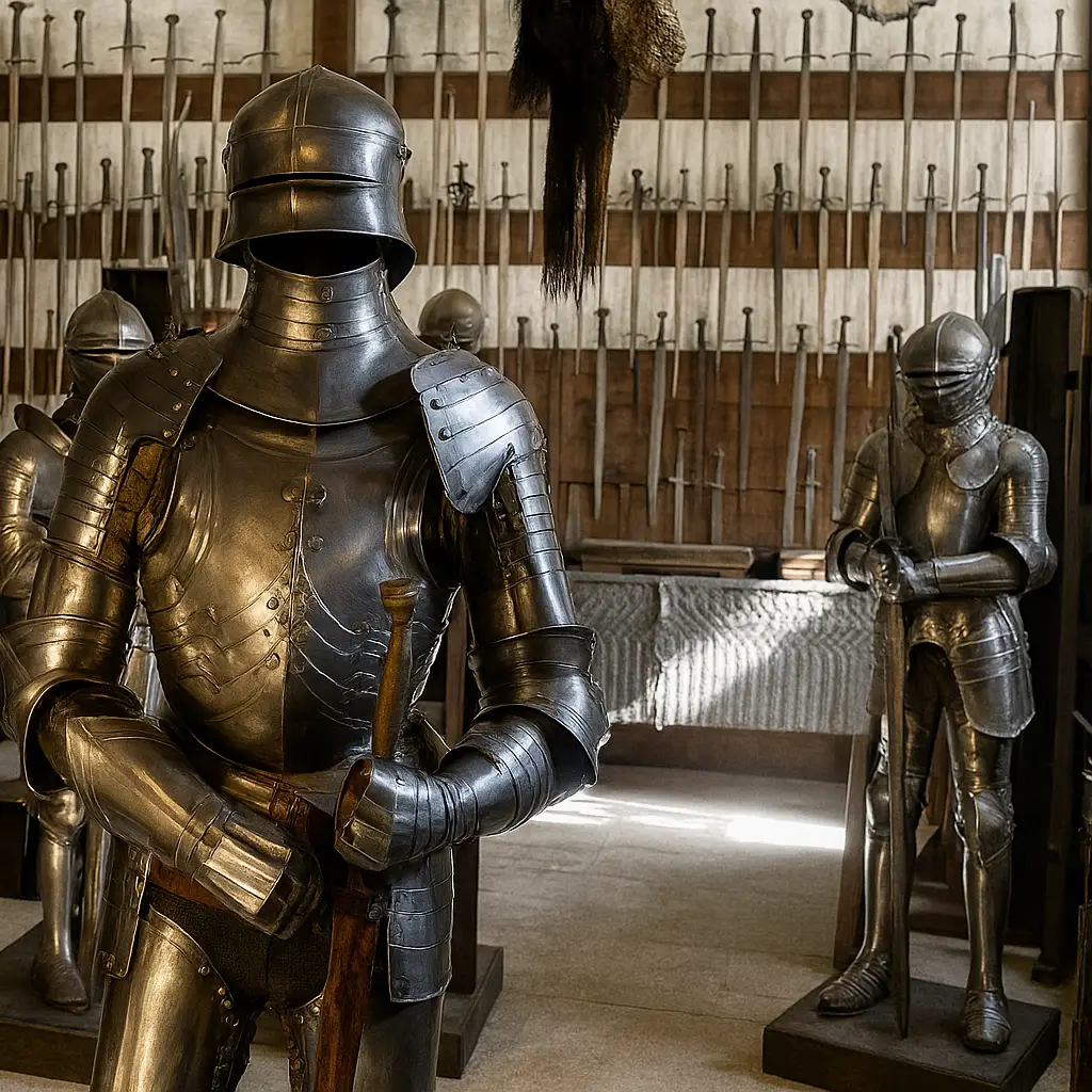 Die Rüstkammer der Burg Kreuzenstein bei Wien mit originalen Ritterrüstungen, Schwertern und Schilden – beeindruckendes Zeugnis mittelalterlicher Waffenkunst in Niederösterreich.